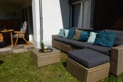 Ein Sitzbereich in der Unterkunft Your home in Mürren near the ski slopes and hiking trails