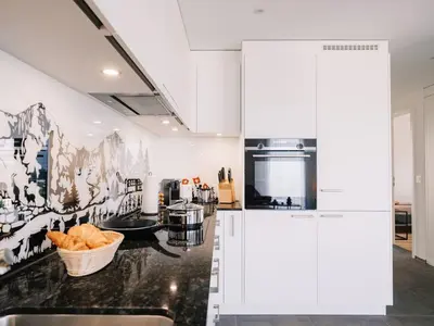 Küche/Küchenzeile in der Unterkunft Apartment Jungfrau in See- und Bergnähe, modern, mit Balkon und Aussicht für 4 Gäste