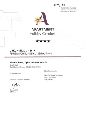 Ein Zertifikat, Auszeichnung, Logo oder anderes Dokument, das in der Unterkunft Monte Rosa ausgestellt ist