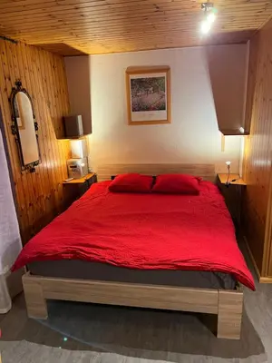 Ein Bett oder Betten in einem Zimmer der Unterkunft Au village d'Evolène, très joli studio calme et ensoleillé