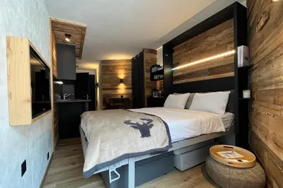 Ein Bett oder Betten in einem Zimmer der Unterkunft Les Cerfs - Appartement & Studio - ANZERE