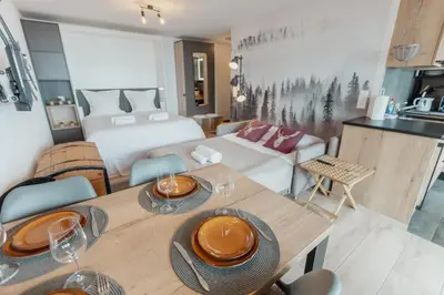 Küche/Küchenzeile in der Unterkunft Studio rénové avec vue imprenable sur les Alpes